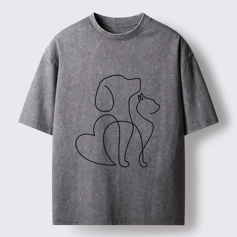 Tokyo-Tiger Cat Dog Love Line Art Washed T-Shirt