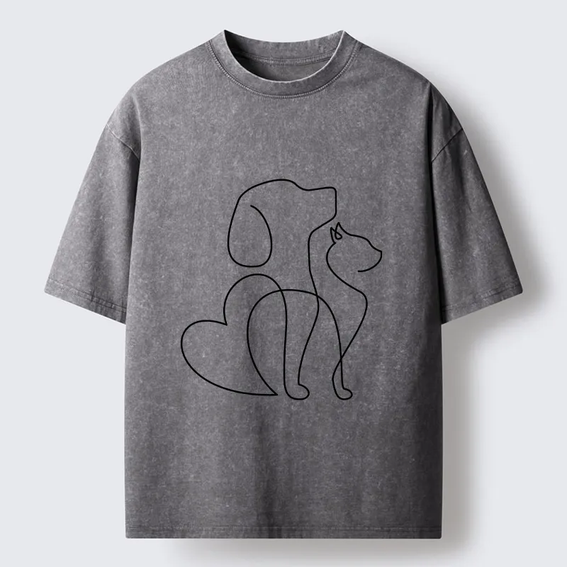 Tokyo-Tiger Cat Dog Love Line Art Washed T-Shirt