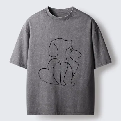 Tokyo-Tiger Cat Dog Love Line Art Washed T-Shirt