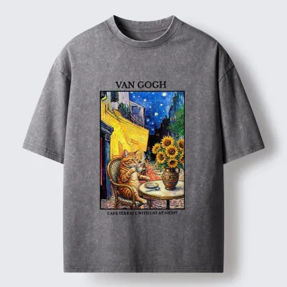 Tokyo-Tiger Van Gogh Cafe Cat Washed T-Shirt