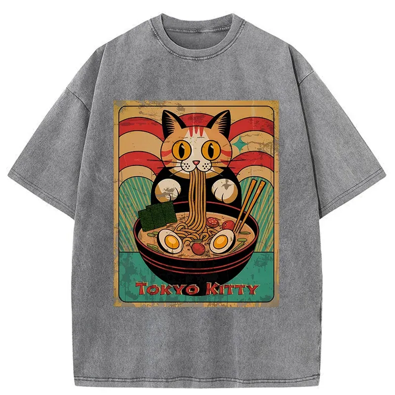 Tokyo-Tiger Retro Cat Eating Ramen Japan Washed T-Shirt
