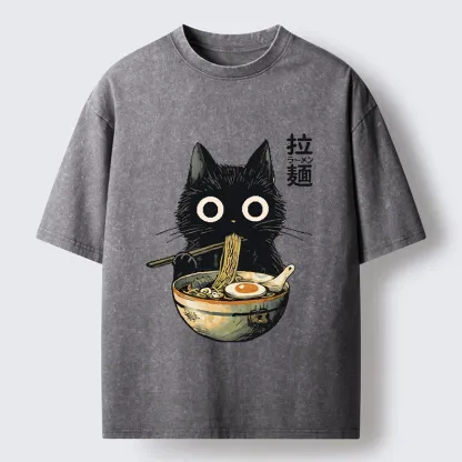 Tokyo-Tiger Funny Cat Ramen Feast Washed T-Shirt
