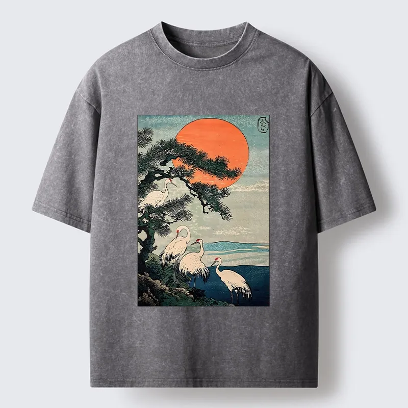 Tokyo‑Tiger Pine Crane Sunrise Washed T‑Shirt