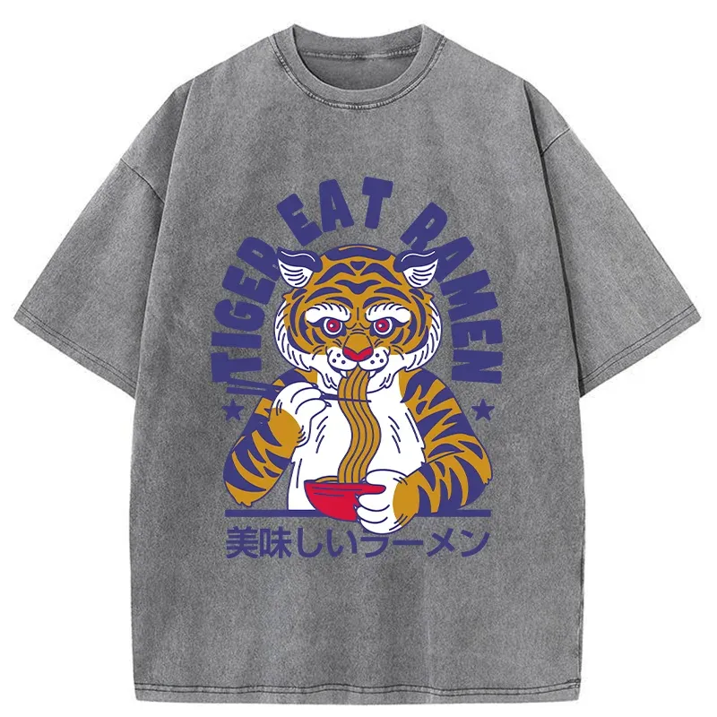 Tokyo-Tiger Funny Tiger Eating Ramen Washed T-Shirt