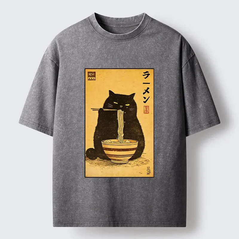 Tokyo‑Tiger Ramen Loving Cat Washed T‑Shirt