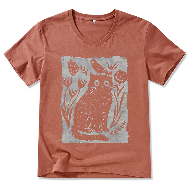Tokyo-Tiger Folk Paper Cut Cat Bird Floral Art V-Neck Classic T-Shirt