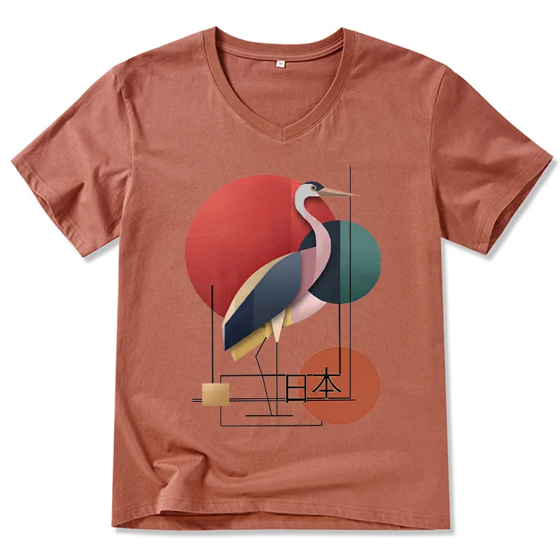 Tokyo-Tiger Geometric Crane Art V-Neck Classic T-Shirt