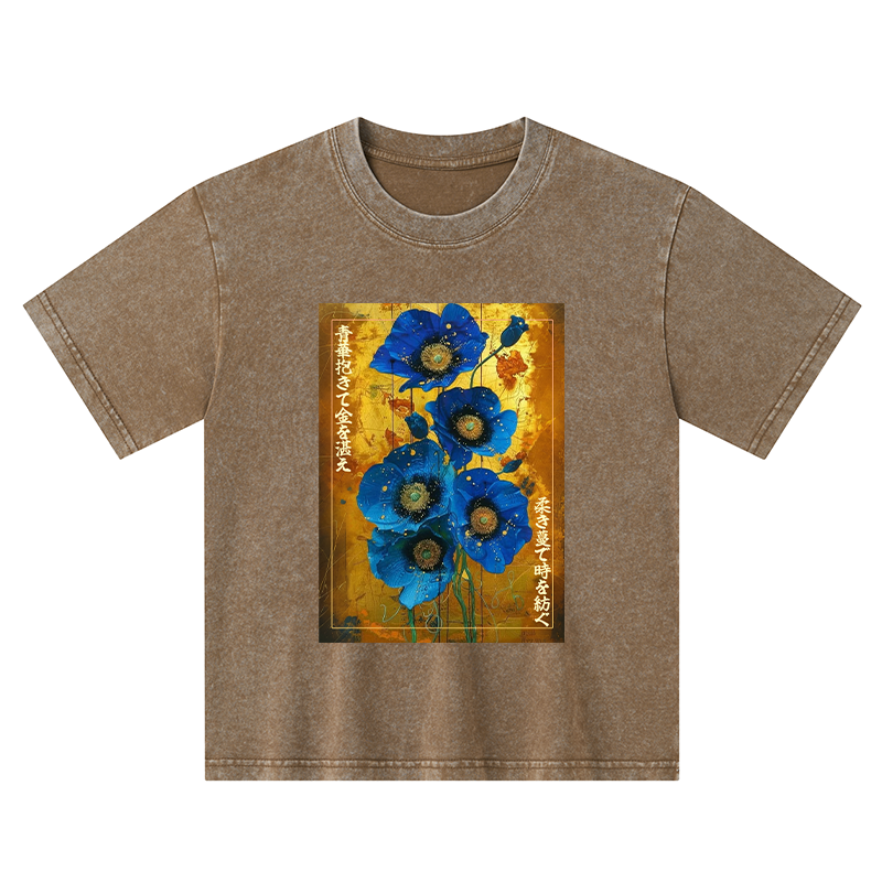 Tokyo-Tiger Shiny Blue Flower Warm Golden Background Kids Washed T-Shirt