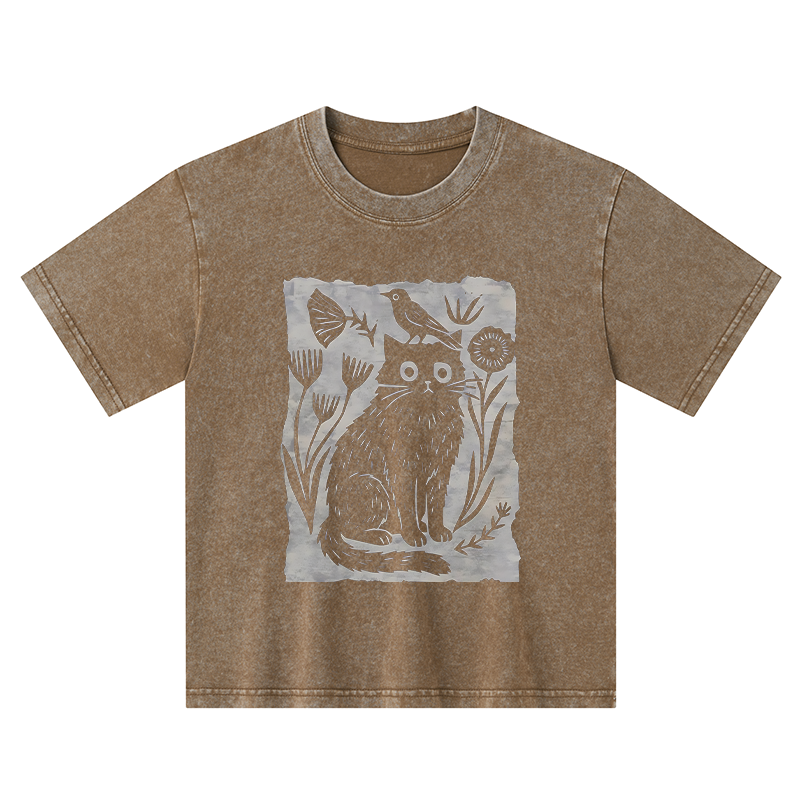 Tokyo-Tiger Folk Paper Cut Cat Bird Floral Art Kids Washed T-Shirt