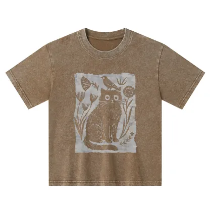 Tokyo-Tiger Folk Paper Cut Cat Bird Floral Art Kids Washed T-Shirt