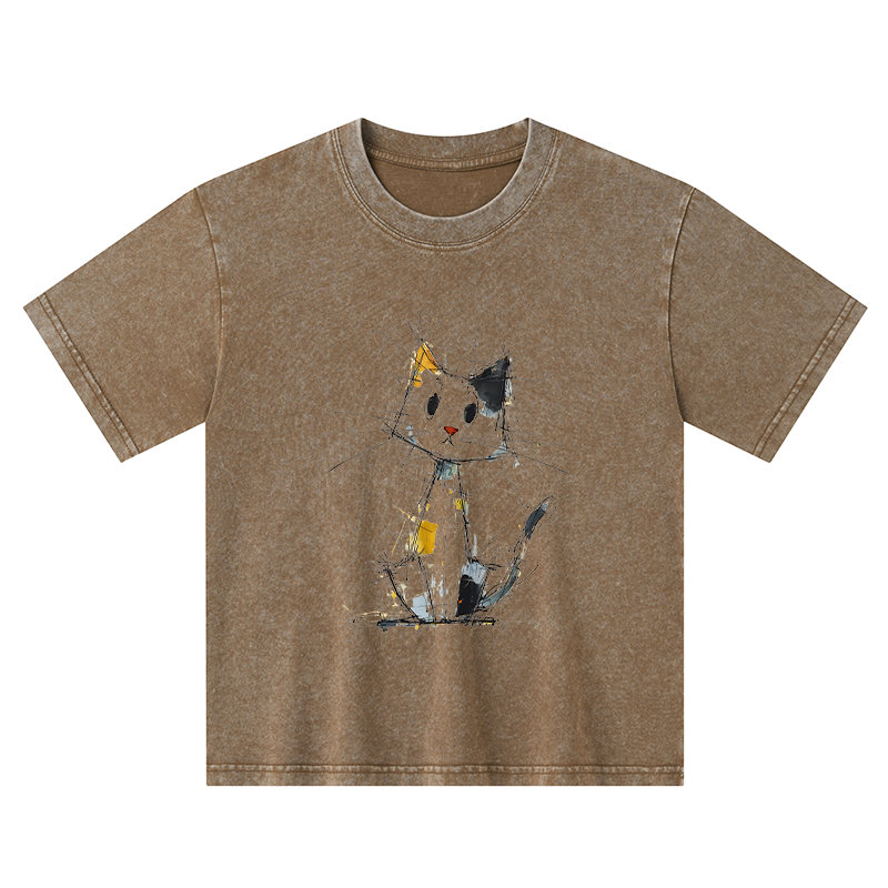 Tokyo-Tiger Minimal Splash Ink Cute Cat Kids Washed T-Shirt