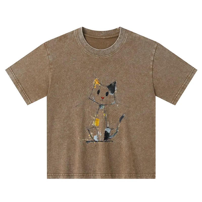 Tokyo-Tiger Minimal Splash Ink Cute Cat Kids Washed T-Shirt