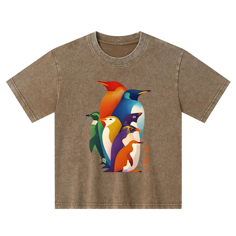 Tokyo-Tiger Cute Multi Tone Penguins Kids Washed T-Shirt