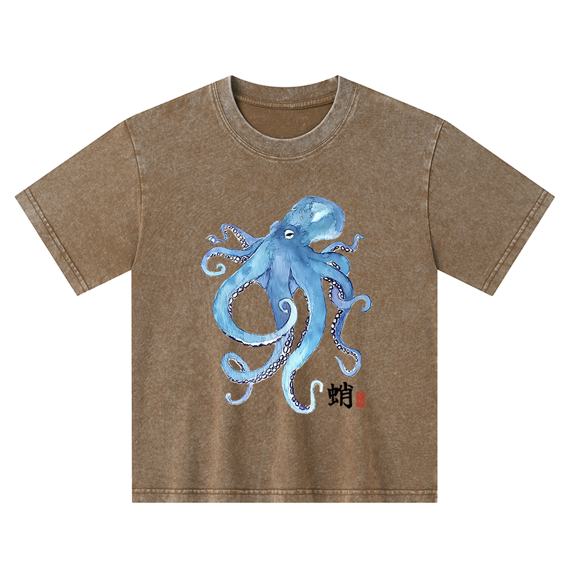 Tokyo-Tiger Watercolor Blue Octopus Kids Washed T-Shirt