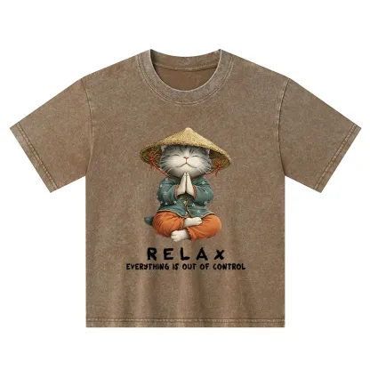 Tokyo-Tiger Zen Relax Cat Graphic Kids Washed T-Shirt