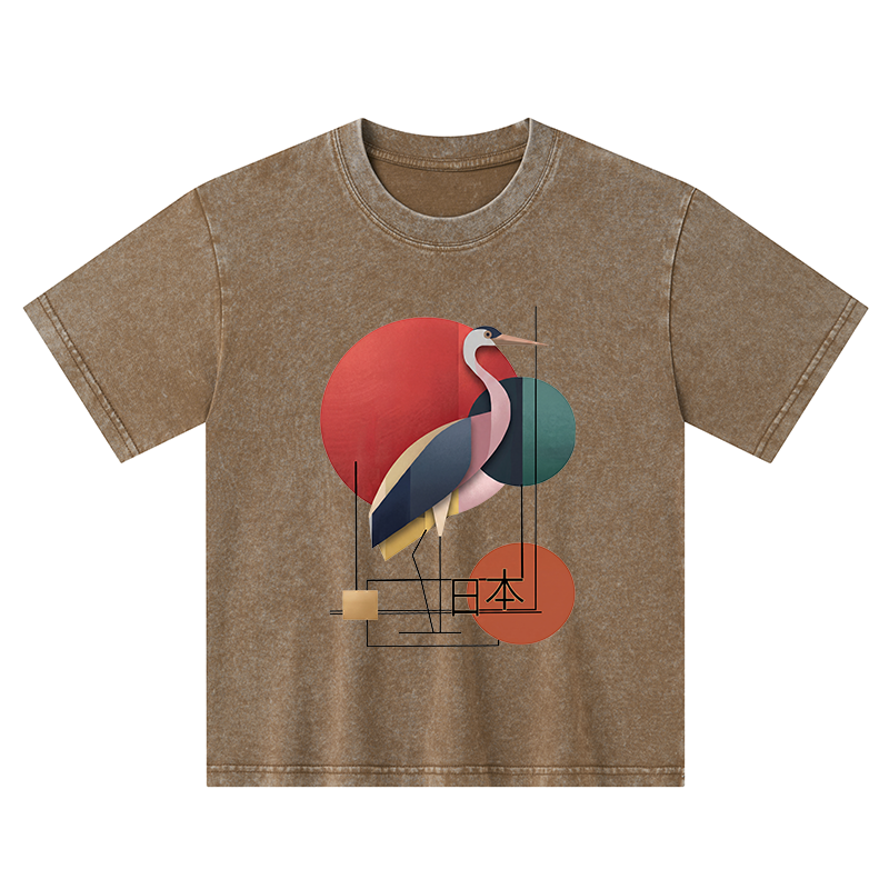 Tokyo-Tiger Geometric Crane Art Kids Washed T-Shirt