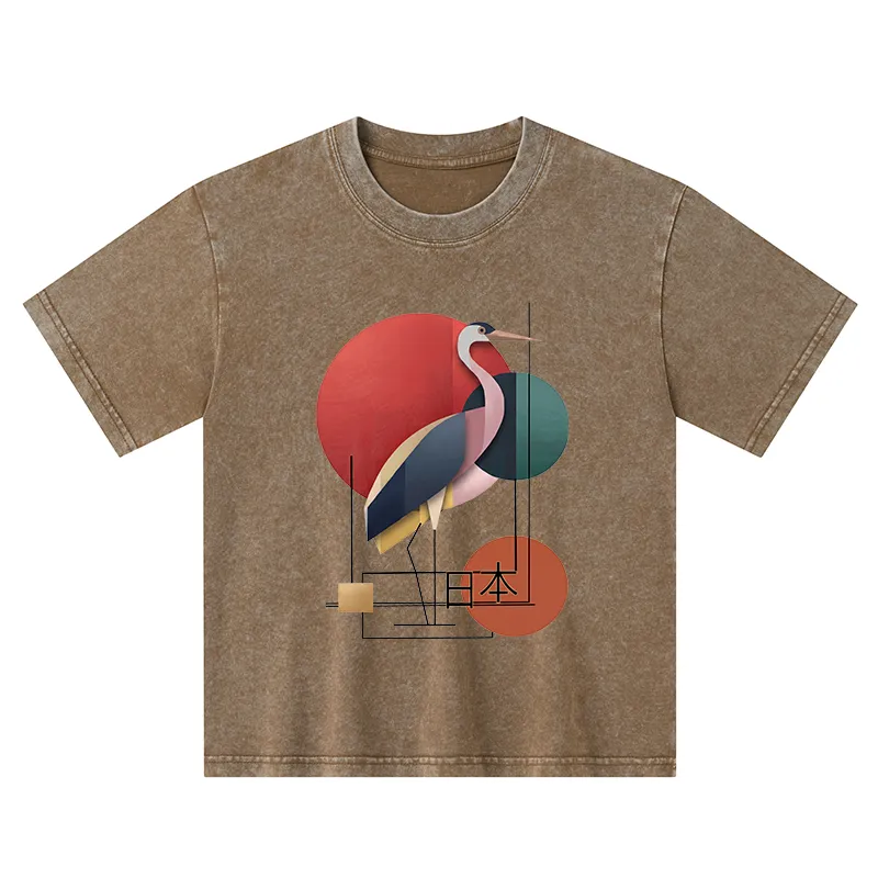Tokyo-Tiger Geometric Crane Art Kids Washed T-Shirt