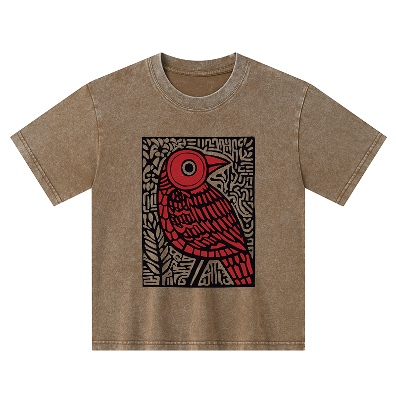 Tokyo-Tiger Retro Woodblock Bird Kids Washed T-Shirt