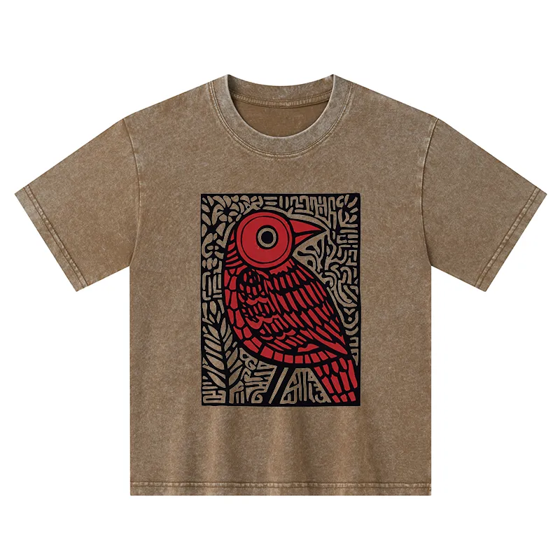 Tokyo-Tiger Retro Woodblock Bird Kids Washed T-Shirt