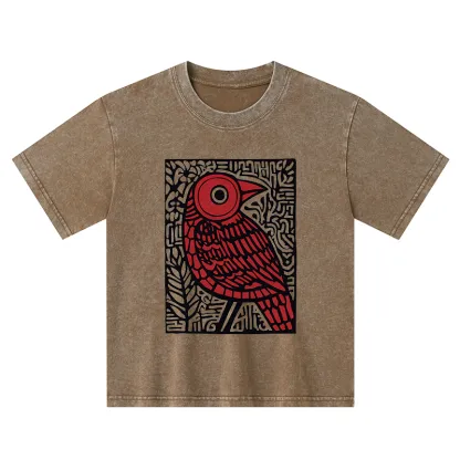 Tokyo-Tiger Retro Woodblock Bird Kids Washed T-Shirt