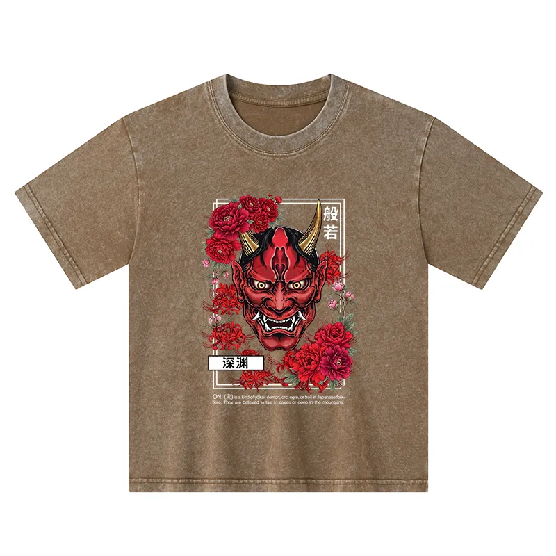 Tokyo-Tiger Cool Oni Floral Art Kids Washed T-Shirt