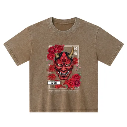 Tokyo-Tiger Cool Oni Floral Art Kids Washed T-Shirt