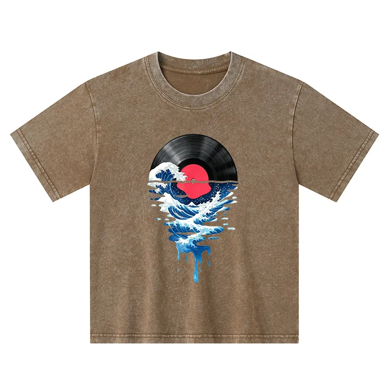 Tokyo-Tiger Vinyl Records And Waves Kids Washed T-Shirt