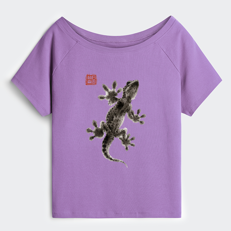 Tokyo-Tiger Minimal Asian Ink Brush Gecko Vibe Off Shoulder T-Shirt