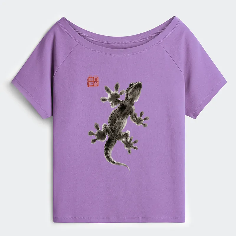 Tokyo-Tiger Minimal Asian Ink Brush Gecko Vibe Off Shoulder T-Shirt