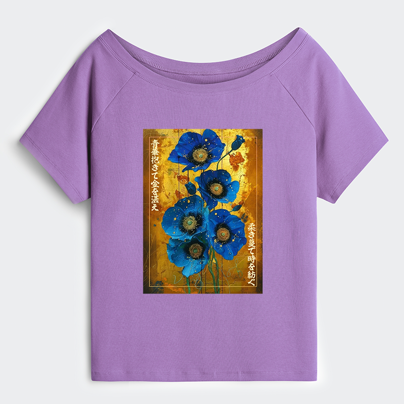 Tokyo-Tiger Shiny Blue Flower Warm Golden Background Off Shoulder T-Shirt