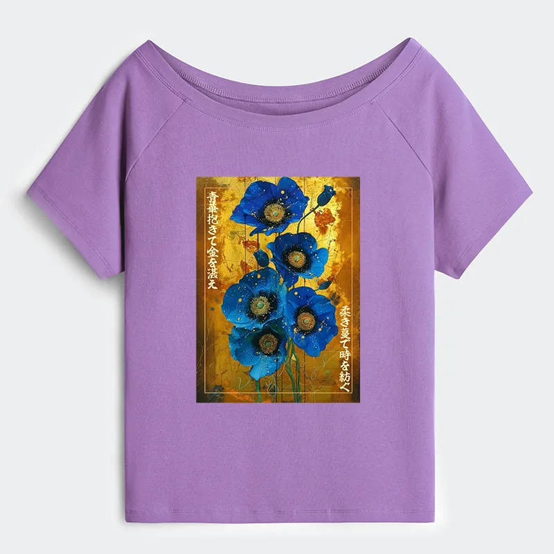Tokyo-Tiger Shiny Blue Flower Warm Golden Background Off Shoulder T-Shirt
