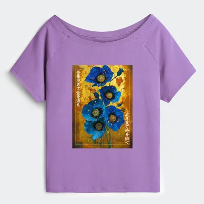 Tokyo-Tiger Shiny Blue Flower Warm Golden Background Off Shoulder T-Shirt