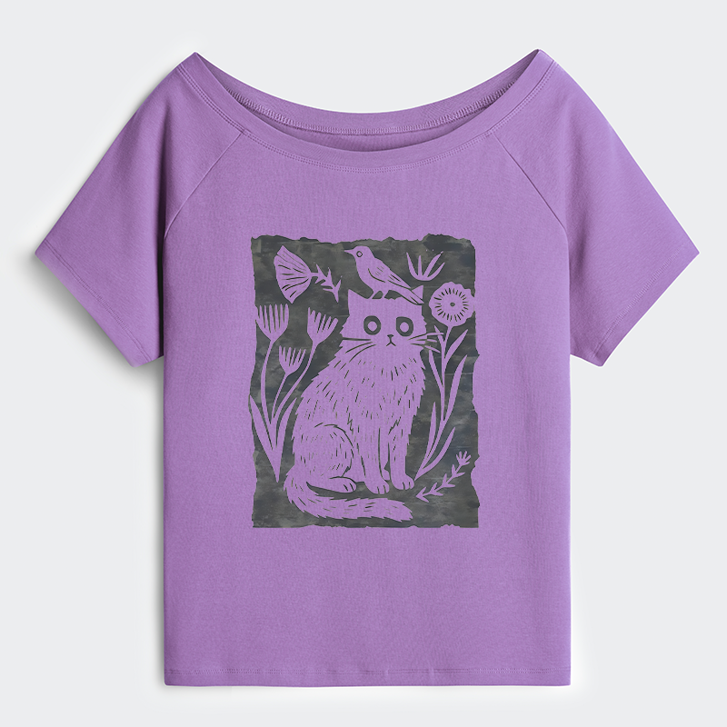 Tokyo-Tiger Folk Paper Cut Cat Bird Floral Art Off Shoulder T-Shirt