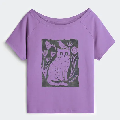 Tokyo-Tiger Folk Paper Cut Cat Bird Floral Art Off Shoulder T-Shirt