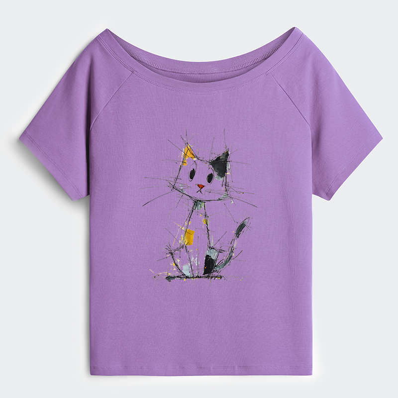 Tokyo-Tiger Minimal Splash Ink Cute Cat Off Shoulder T-Shirt