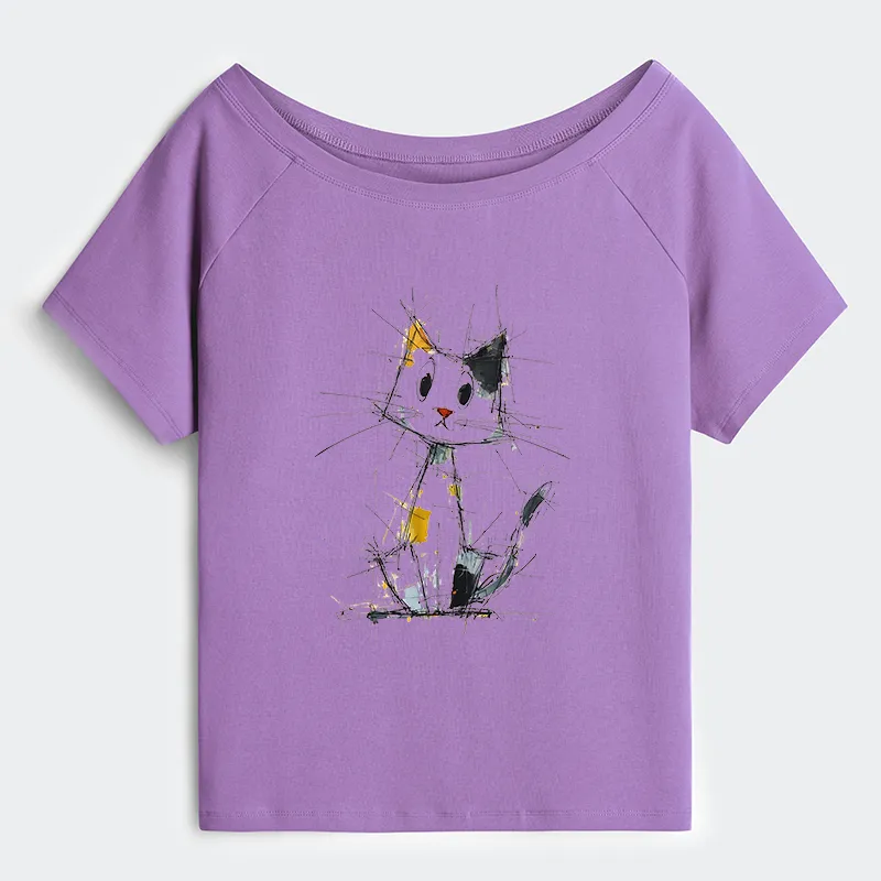 Tokyo-Tiger Minimal Splash Ink Cute Cat Off Shoulder T-Shirt