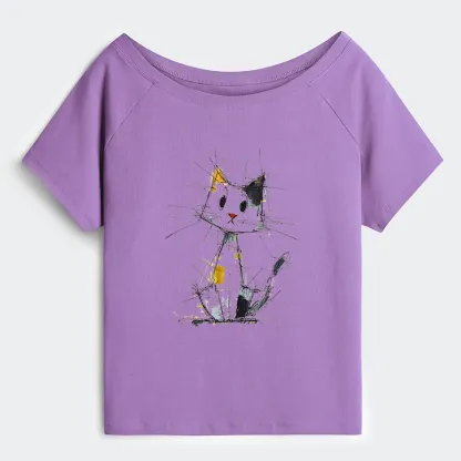 Tokyo-Tiger Minimal Splash Ink Cute Cat Off Shoulder T-Shirt