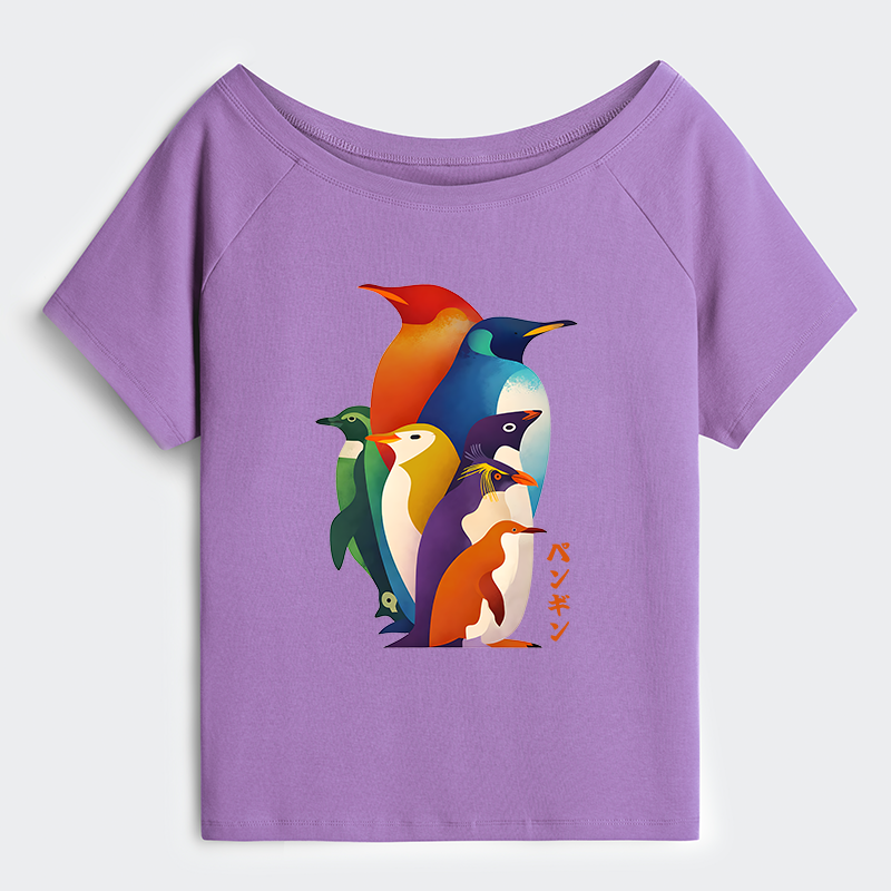 Tokyo-Tiger Cute Multi Tone Penguins Off Shoulder T-Shirt