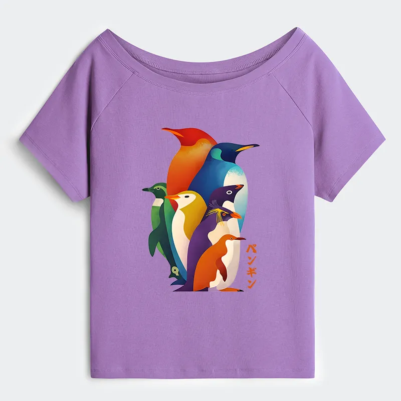 Tokyo-Tiger Cute Multi Tone Penguins Off Shoulder T-Shirt