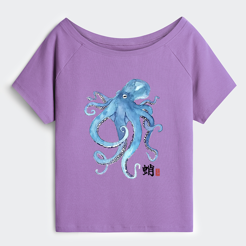 Tokyo-Tiger Watercolor Blue Octopus Off Shoulder T-Shirt