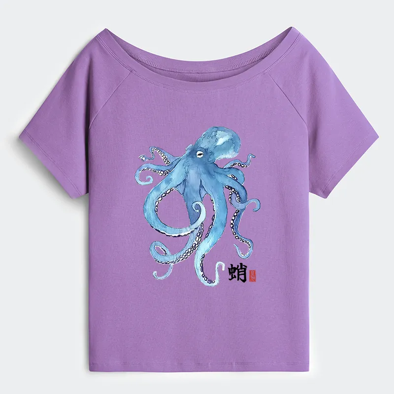 Tokyo-Tiger Watercolor Blue Octopus Off Shoulder T-Shirt Sale