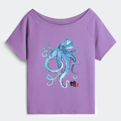 Tokyo-Tiger Watercolor Blue Octopus Off Shoulder T-Shirt