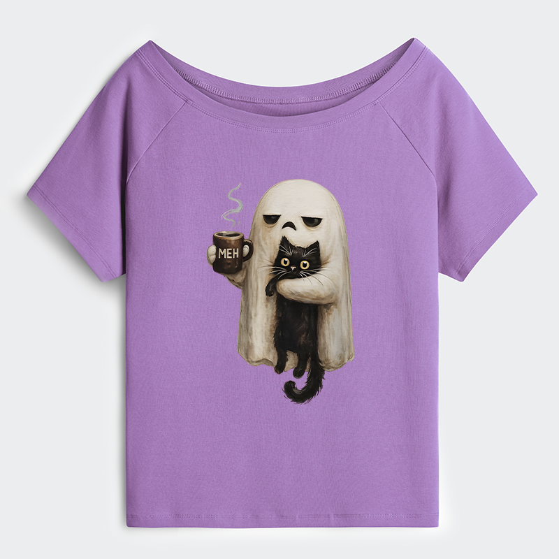 Tokyo-Tiger Ghost Cat Coffee Mood Off Shoulder T-Shirt