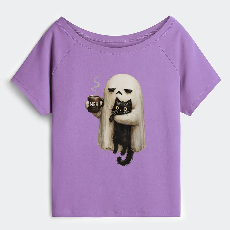 Tokyo-Tiger Ghost Cat Coffee Mood Off Shoulder T-Shirt