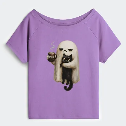 Tokyo-Tiger Ghost Cat Coffee Mood Off Shoulder T-Shirt