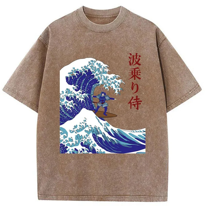 Tokyo-Tiger Funny Samurai Surf Washed T-Shirt
