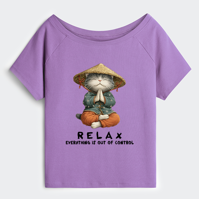 Tokyo-Tiger Zen Relax Cat Graphic Off Shoulder T-Shirt