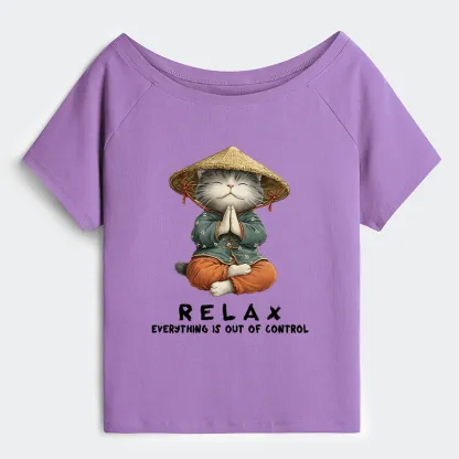 Tokyo-Tiger Zen Relax Cat Graphic Off Shoulder T-Shirt