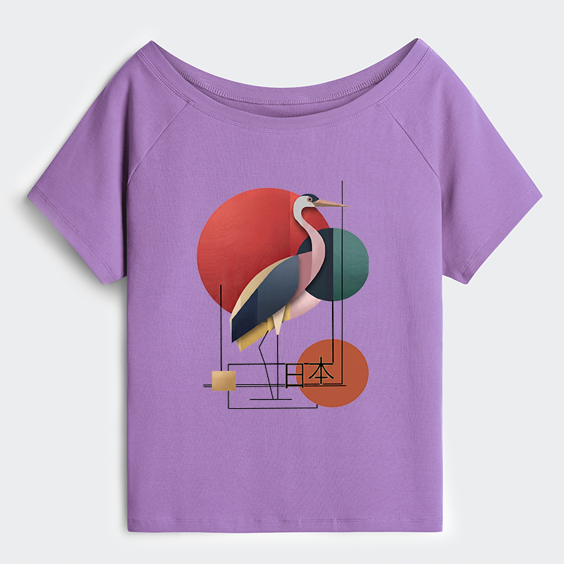 Tokyo-Tiger Geometric Crane Art Off Shoulder T-Shirt