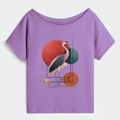 Tokyo-Tiger Geometric Crane Art Off Shoulder T-Shirt